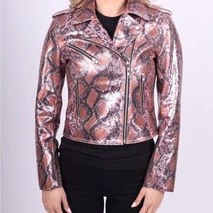 NEW 100% leather and satin Pink Metallic Snake Print Women's Jacket